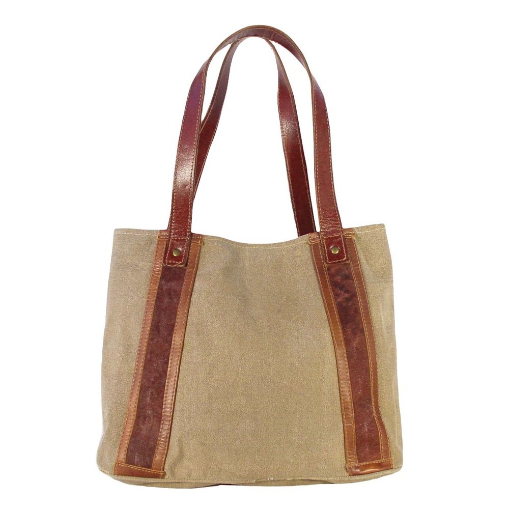 MONA B Upcycled Recycled Canvas and Leather Studded Tote Bag - Picture 3 of 11